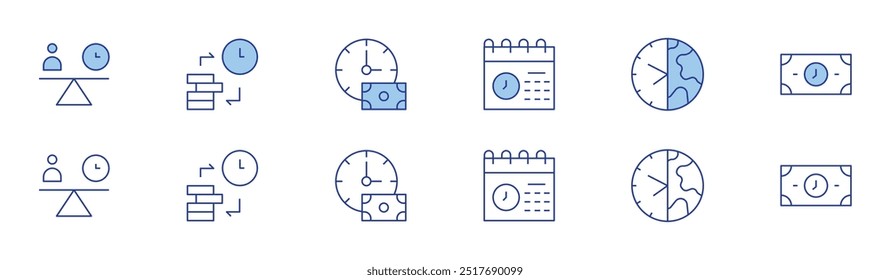 Time icon set in two styles, Duotone and Thin Line style. Editable stroke. schedule, balance, earth hour, time is money, time.