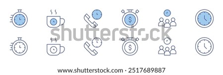 Time icon set in two styles, Duotone and Thin Line style. Editable stroke. deadline, sale time, teamwork, break time, clock, customer service.