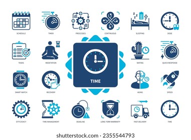 Time icon set. Waiting, Schedule, Efficiency, Process, Smart Watch, Continuous, Deadline, Time Management. Duotone color solid icons