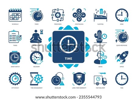 Time icon set. Waiting, Schedule, Efficiency, Process, Smart Watch, Continuous, Deadline, Time Management. Duotone color solid icons
