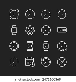 Time icon set, white lines on black background. Wall clocks, wristwatches, digital, analog timekeeping devices showing current time. Customizable line thickness.