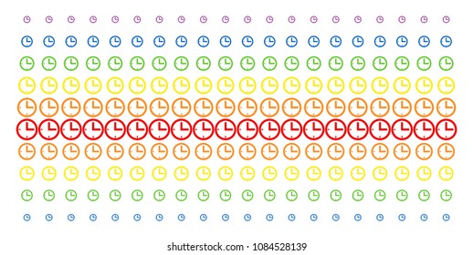 Time icon spectral halftone pattern. Vector items organized into halftone array with vertical spectrum gradient. Constructed for backgrounds, covers, templates and abstraction compositions.
