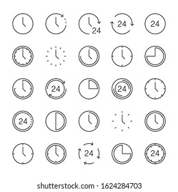 Time icons. Clock collection. Time and Clock vector  collection. Big set of  round line icons. Time and clock, isolated on white background. Web icons in Thin linear simple design. Vector illustration