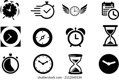 time icons, clocks, alarm clocks, hourglasses and calendars