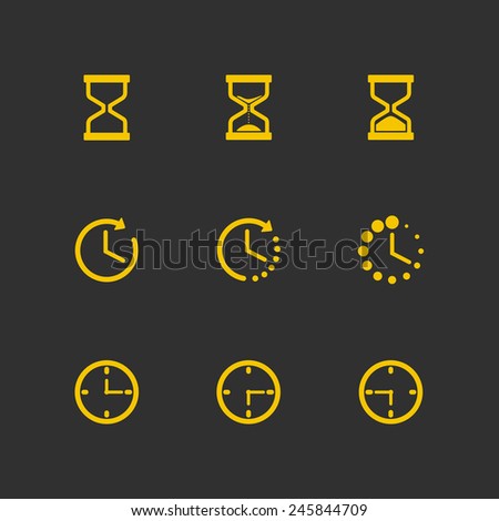 Time icons - Time and Clocks yellow icon set on grey background. Vector illustration EPS10.