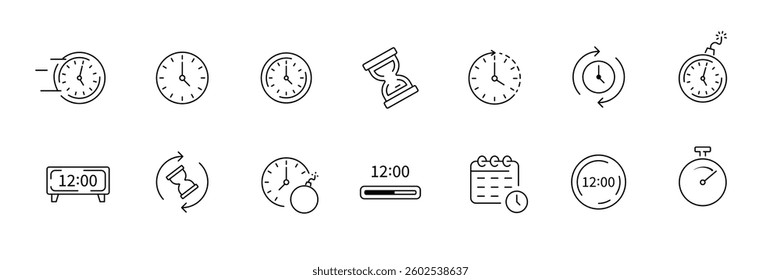 Time icons collection featuring clocks, hourglasses, and timers - black and white vector.