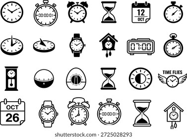 Colección de iconos de tiempo con relojes, relojes, calendarios, relojes de arena, cronómetros y Elementos de tiempo simbólicos para el diseño, la educación y el uso de la interfaz digital
