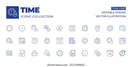 Time icons collection. Thin Line icons, editable stroke. return to the past, taxi, hours, calendar, file, schedule, time is money, management, lapse, clock, files.