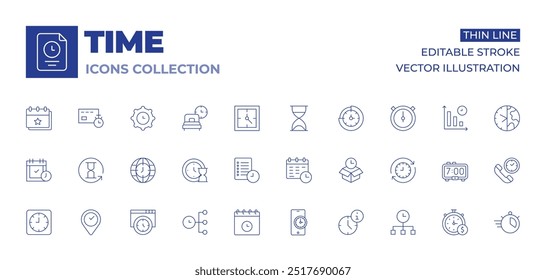Colección de iconos de tiempo. Reloj de arena, lugar, planificación, teléfono inteligente, hora, cita, Archivar, calendario, reloj, administrador de tiempo, temporizador.