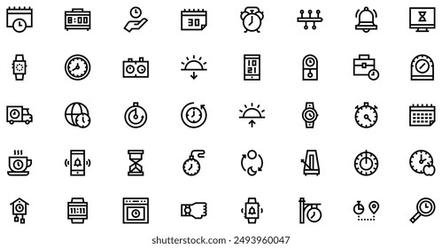 Time Icons Kollektion ist eine Vektorillustration mit editierbarem Strich, die Vielseitigkeit und Anpassung bietet. Perfekt für verschiedene Design-Anforderungen, enthält es hochwertige Grafik 