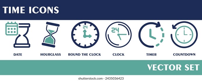Time icons. Containing date, hourglass, clock, round the clock, timer, countdown. Vector set. 600 px X 600 px icon. 