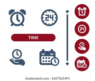 Time icons. Deadline, schedule, clock, appointment, alarm clock, 24 hours, hand, calendar icon. Professional, 32x32 pixel perfect vector icon.