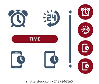 Time icons. Deadline, schedule, clock, appointment, around the clock, alarm clock, 24 hours, smartphone, mobile phone icon. Professional, 32x32 pixel perfect vector icon.