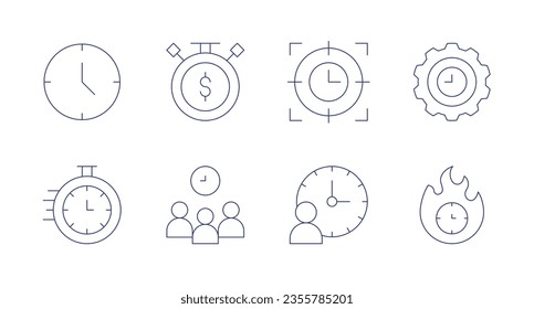 Iconos de tiempo. Trazo editable. Conteniendo reloj, tiempo de venta, destino, gestión de tiempo, plazo, trabajo en equipo, tiempo.