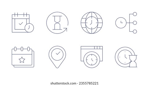 Time icons. Editable stroke. Containing appointment, hourglass, time, time manager, calendar, place, timer.