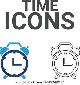 Time icons, Line art icons, Timer, alarm, schedule, hourglass, clock icons. Solid icon collection.