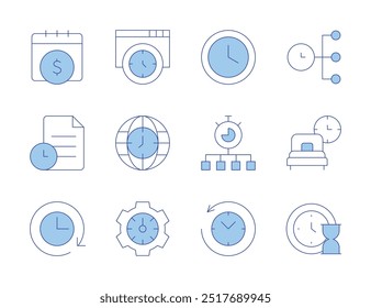 Time icons. Line Duotone style, editable stroke. time management, time manager, time to sleep, lapse, money, return to the past, file.