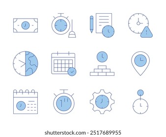 Iconos de tiempo. Línea estilo Duotone, carrera editable. segundo, hora de llegada, limpieza, reloj, hora, horario, hora de la tierra, el tiempo es dinero, expirado, calendario, fecha límite.