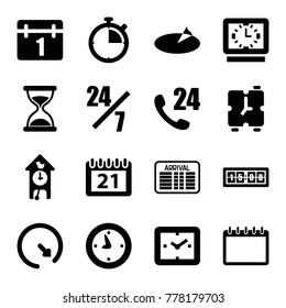 Time icons. set of 16 editable filled time icons such as hourglass, calendar, 24 hours support, clock, wall clock, sundial, alarm, stopwatch