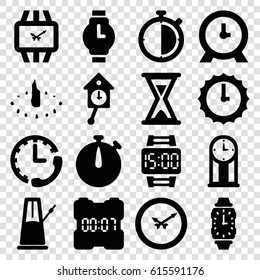 Time icons set. set of 16 time filled icons such as clock, hourglass, wall clock, wrist watch, wrist dial watch, sundial, pendulum, stopwatch