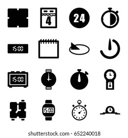 Time icons set. set of 16 time filled icons such as clock, stopwatch camera, stopwatch, wrist watch, wrist dial watch, sundial, 4th date calendar, 24 hours, pendulum