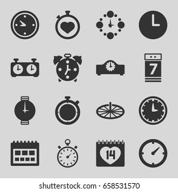 Time icons set. set of 16 time filled icons such as stopwatch, 14 date, calendar 7 date, clock, wall clock, wrist watch, sundial, alarm