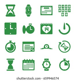 Time icons set. set of 16 time filled icons such as calendar, 14 date, stopwatch camera, plan, wall clock, wrist watch for woman, wrist watch, hourglass, clock, stopwatch