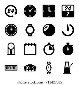 Time icons set. set of 16 time filled icons such as wrist watch, stopwatch camera, wall clock, wrist watch for woman, 24 hours, 24 7 hour, pendulum, digital clock, stopwatch
