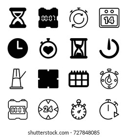 Time icons set. set of 16 time filled and outline icons such as clock, stopwatch, stopwatch camera, hourglass, wall clock, digital clock, 14 date calendar, 24 hour, pendulum