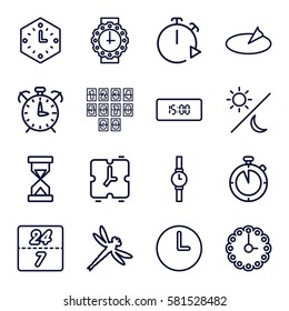 Time icons set. Set of 16 Time outline icons such as wall clock, wrist watch, wrist watch for woman, sundial, sun and moon, 24 7 hour, hourglass, digital clock, alarm