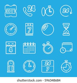 time icons set. Set of 16 time outline icons such as calendar, calendar 7 date, clock, wall clock, 24 hours, 24 7 hour, hourglass, pendulum, stopwatch
