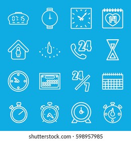 time icons set. Set of 16 time outline icons such as alarm, clock, man in home, 14 date, wrist watch, sundial, calendar, hourglass, digital clock, stopwatch