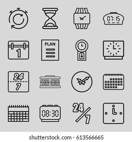 Time icons set. set of 16 time outline icons such as hourglass, calendar, plan, wall clock, wrist watch, 24 7 hour, pendulum, digital clock, clock, stopwatch