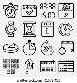Time icons set. set of 16 time outline icons such as 24 hours, arrival table, wrist watch for woman, sundial, 1st day calendar, 24 7 hour, hourglass