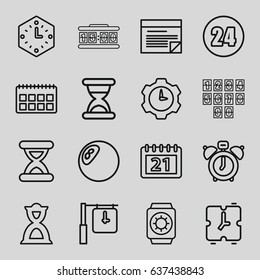 Time icons set. set of 16 time outline icons such as hourglass, calendar, plan, wall clock, wrist watch with sun, 24 hours, digital clock