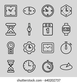 Time icons set. set of 16 time outline icons such as clock, stopwatch, hourglass, wall clock, wrist watch, wrist dial watch, sundial, 1st day calendar, pendulum