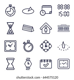 Time icons set. set of 16 time outline icons such as clock, man in home, wall clock, wrist watch, digital time, sundial, calendar, hourglass