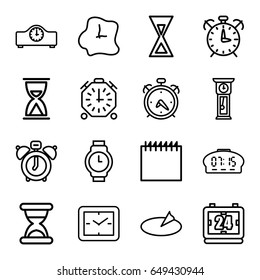 Time icons set. set of 16 time outline icons such as alarm, wall clock, wrist watch, sundial, hourglass, pendulum, clock, stopwatch