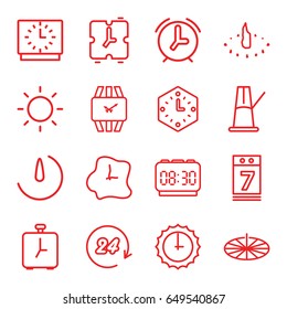 Time icons set. set of 16 time outline icons such as calendar 7 date, stopwatch camera, contrast, wall clock, wrist watch, sundial, 24 hours, pendulum, clock, alarm