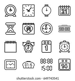 Time icons set. set of 16 time outline icons such as clock, 14 date, calendar, 14 date calendar, hourglass, wrist watch, digital time, 1st day calendar, digital clock