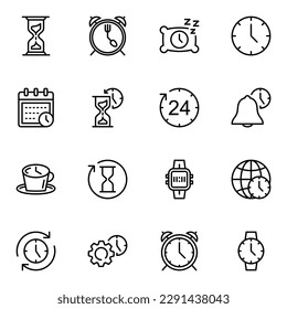 Iconos de tiempo establecidos. conjunto de 16 iconos de línea de temporizador. fecha, hora, calendario, reloj, hora, temporizador, cuenta regresiva, organización y programación	