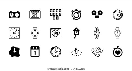 Time icons. set of 18 editable filled and outline time icons: stopwatch, wall clock, 1st day calendar, pendulum, clock, digital clock, alarm, wrist watch, 24 hours support
