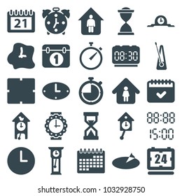 Time icons. set of 25 editable filled time icons such as clock, man in home, calendar, wall clock, wrist watch for woman, digital time, sundial, hourglass, pendulum, alarm