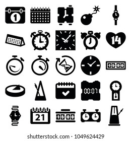 Time icons. set of 25 editable filled time icons such as clock alarm, stopwatch, calendar, clock, bomb, metronome, wrist watch, sundial, hourglass, pendulum, digital clock