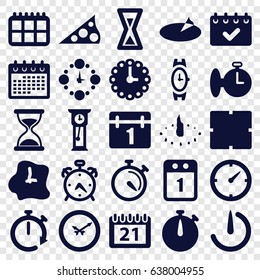 Time icons set. set of 25 time filled icons such as alarm, clock, wrist watch, hourglass, calendar, stopwatch, stopwatch camera, wall clock, sundial, 1st day calendar