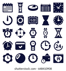 Time icons set. set of 25 time filled icons such as 24 hours, arrival table, wrist watch, calendar, 14 date, stopwatch camera, wallet, hourglass, wall clock
