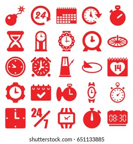 Time icons set. set of 25 time filled icons such as wrist watch, clock, 14 date, bomb, stopwatch, time, hourglass, wall clock, wrist watch for woman, sundial, calendar
