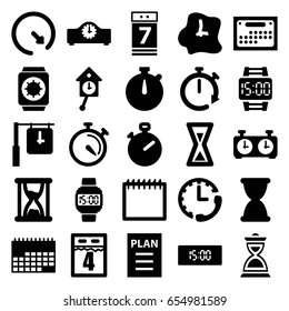 Time icons set. set of 25 time filled icons such as stopwatch, hourglass, calendar 7 date, plan, wall clock, wrist dial watch, wrist watch with sun, calendar