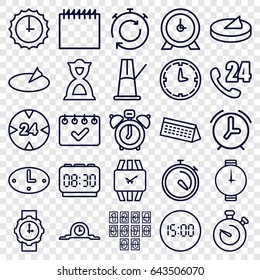Time icons set. set of 25 time outline icons such as clock, stopwatch, hourglass, wall clock, wrist watch for woman, wrist watch, sundial, calendar, 24 hour, pendulum, alarm