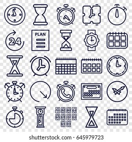 Time icons set. set of 25 time outline icons such as 24 hours, alarm, plan, hourglass, clock, wall clock, wrist watch for woman, calendar, pendulum, digital clock
